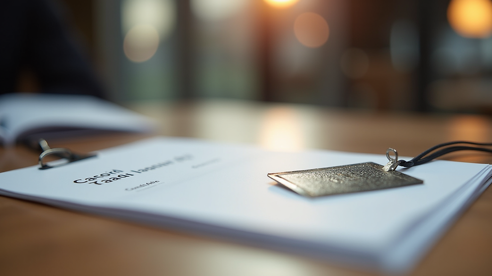 Close-up view of a conference badge and program booklet on a table