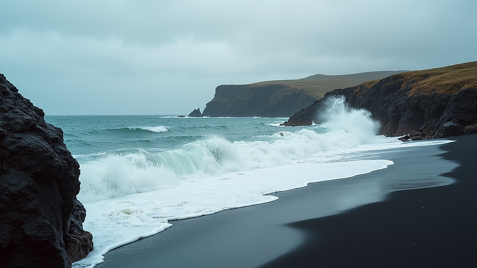 High angle view of Djupalonssandur Beach with waves crashing against rocks.