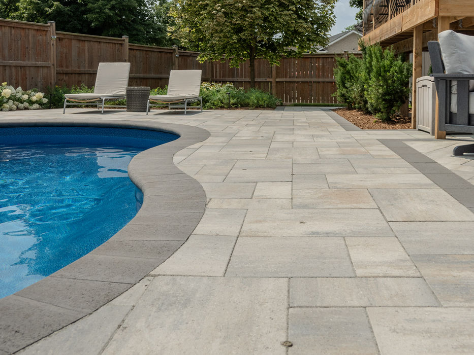 Ground-level perspective of a curved lagoon-style pool edge finished with dark grey coping and light Champagne Oak's Nueva pavers.