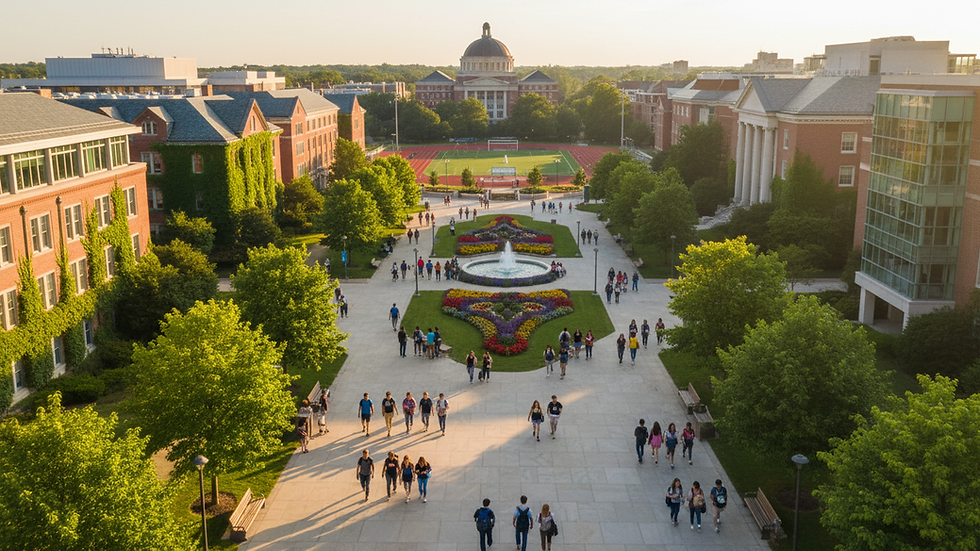 High angle view of a college campus with students walking between buildings