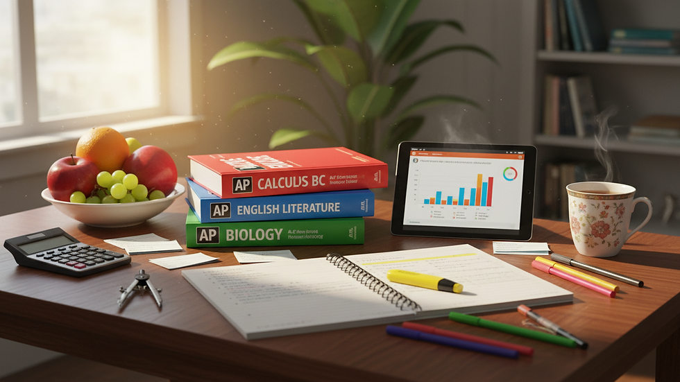 Close-up view of AP exam practice materials on a study table