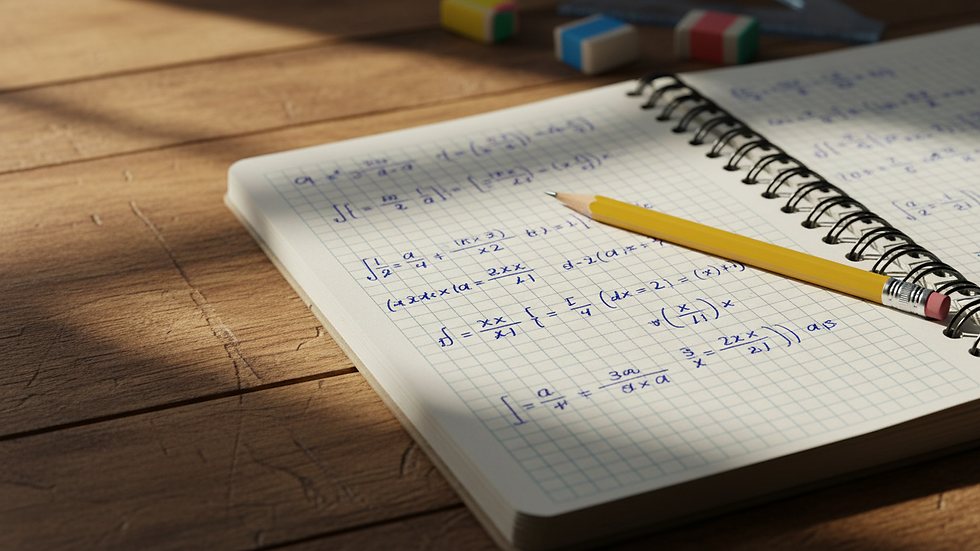 Close-up view of a notebook with math problems and a pencil on a wooden desk
