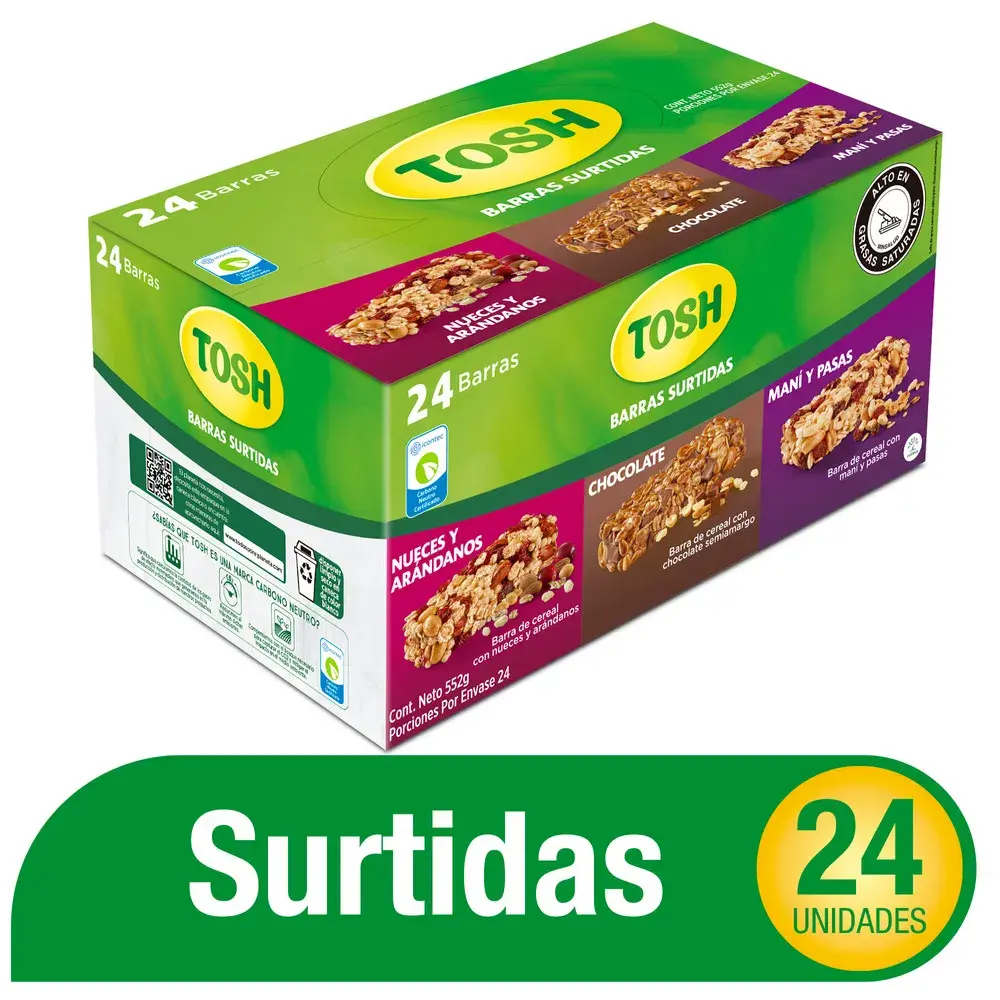 Barras Tosh Surtida Arandanos, Pasas, Chocolate 24 unidades 552g