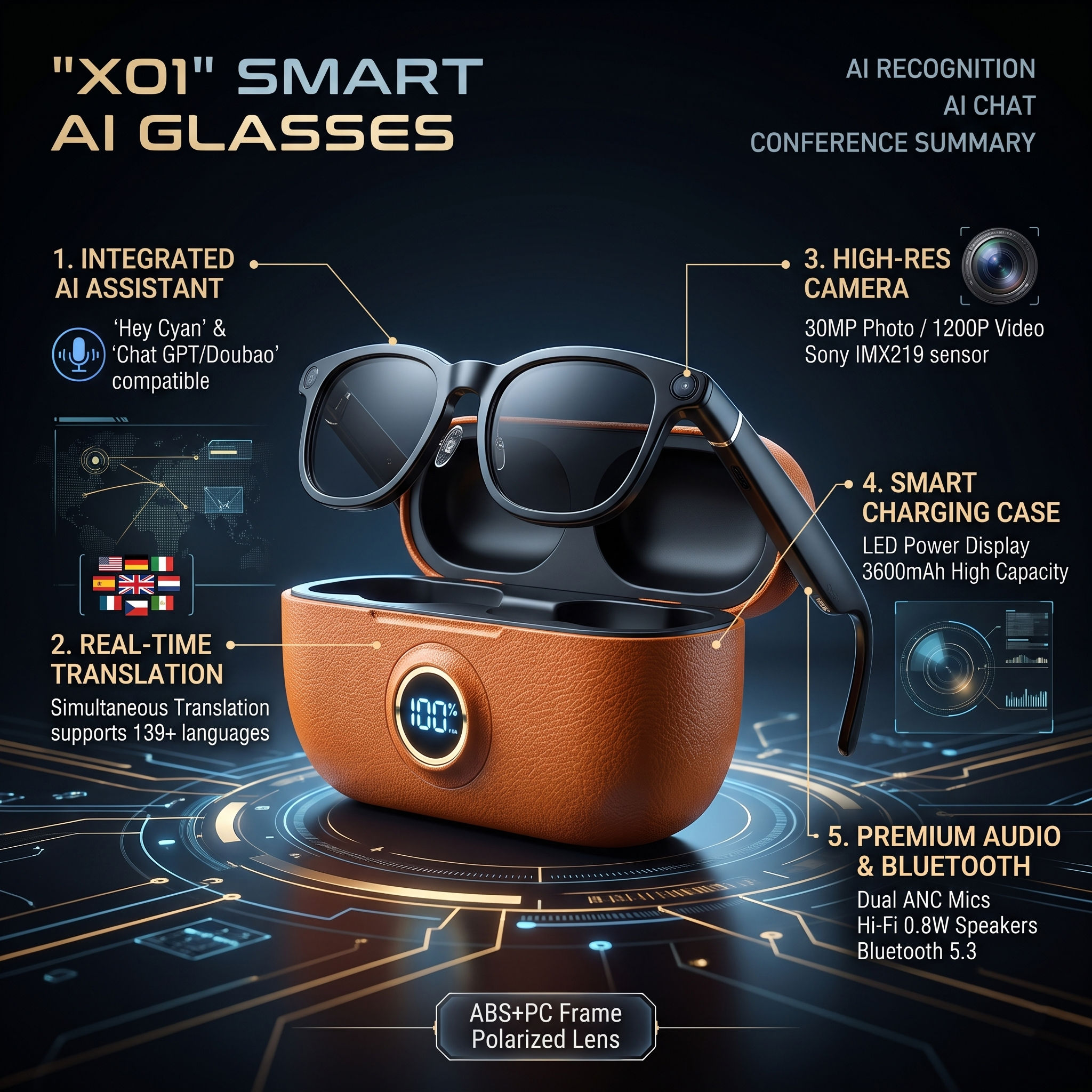 AI Smart Glasses NEW X01 Real-time Translation Glasses 800W Pixel Camera Photo V