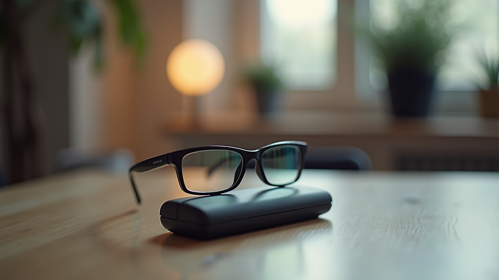 High angle view of smart glasses on a table with charging case