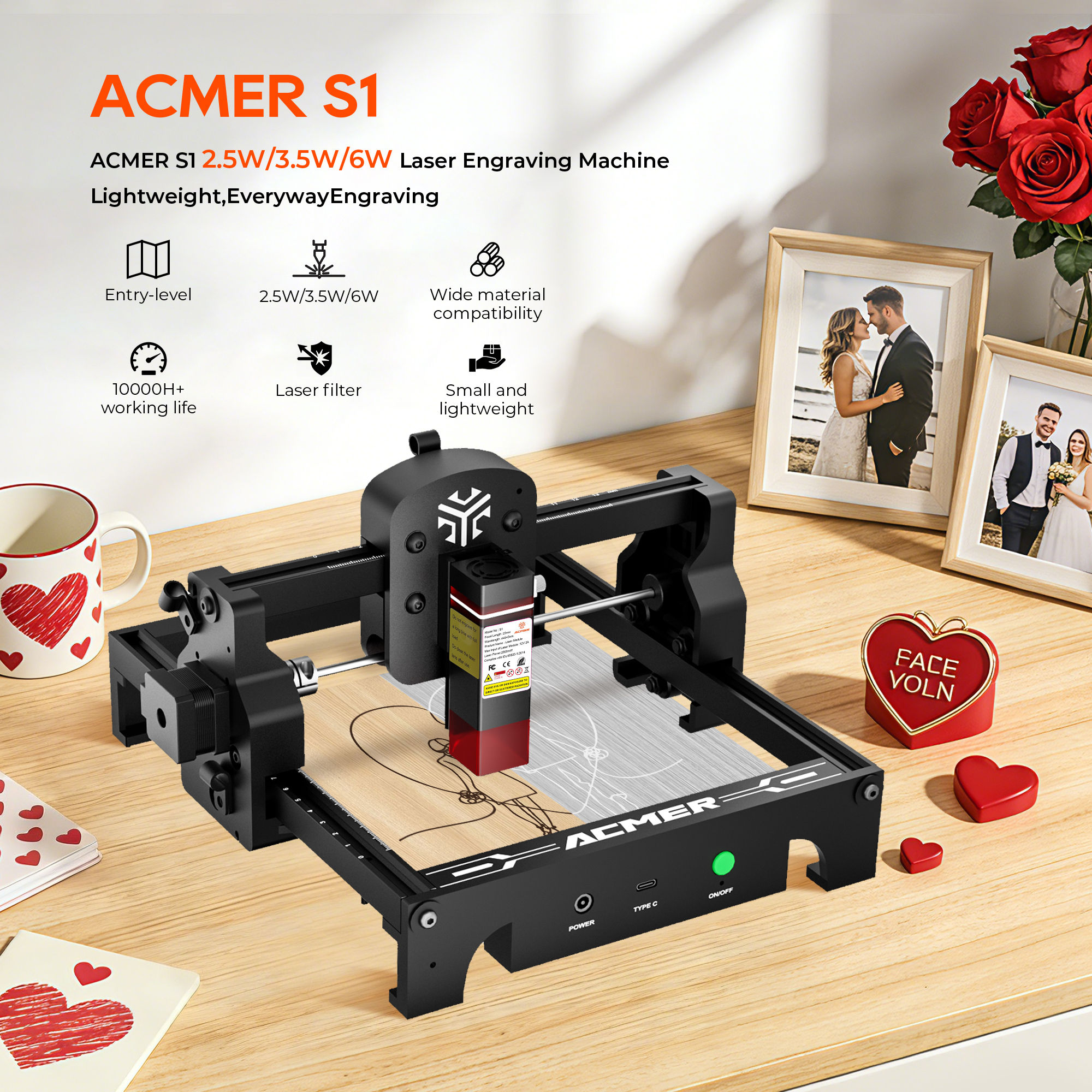 ACMER S1 130x130mm 2.5/3.5/6W Laser Engraving Machine CNC Cutting Machine Diy Ca