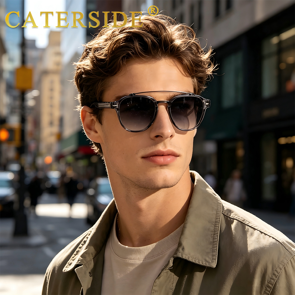 Thumbnail: CATERSIDE New RetroPilot Men's Round Sunglasses Classic Double Bridge Design Sun