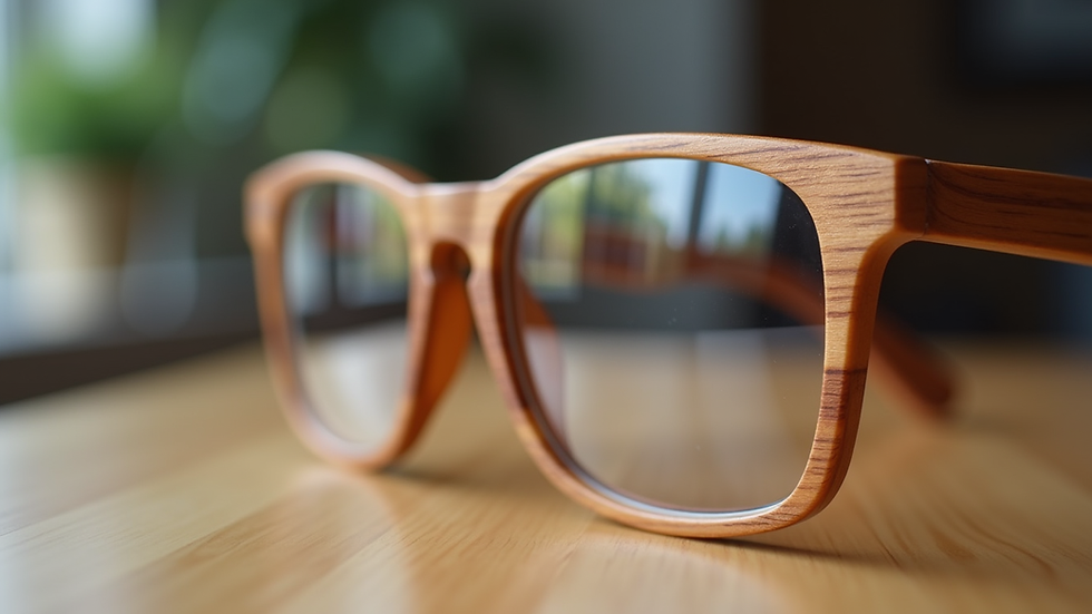 Close-up view of wooden eyeglass frames showing natural grain texture