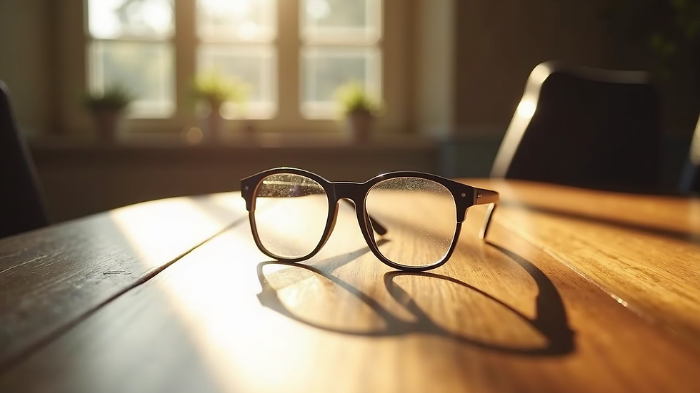 High angle view of G2A smart glasses resting on a wooden table with sunlight highlighting the frame