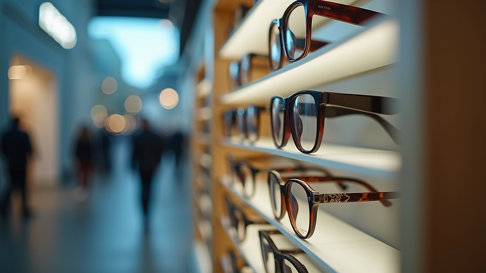 Eye-level view of a display rack with various stylish eyeglass frames