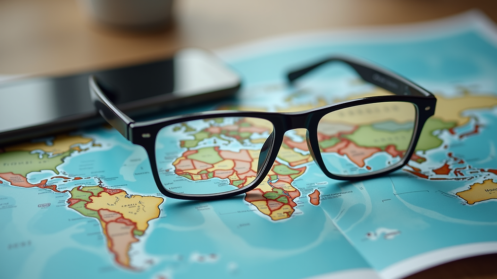 High angle view of smart glasses on a travel map with a smartphone nearby