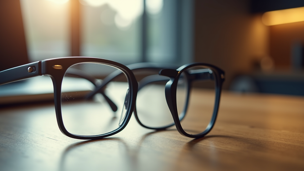 Close-up view of smart glasses resting on a wooden table