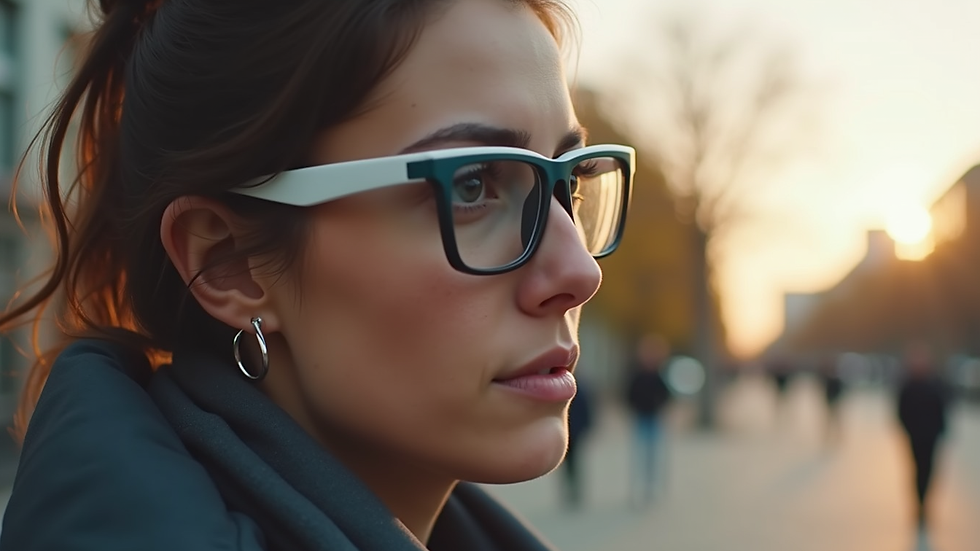 Eye-level view of a person wearing G2A smart glasses while walking outdoors with navigation displayed