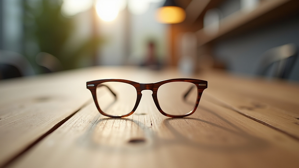 Eye-level view of wooden glasses resting on a minimalist wooden table