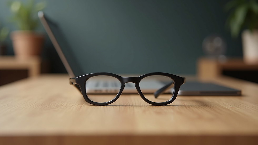 Close-up view of sleek AI smart glasses resting on a wooden table