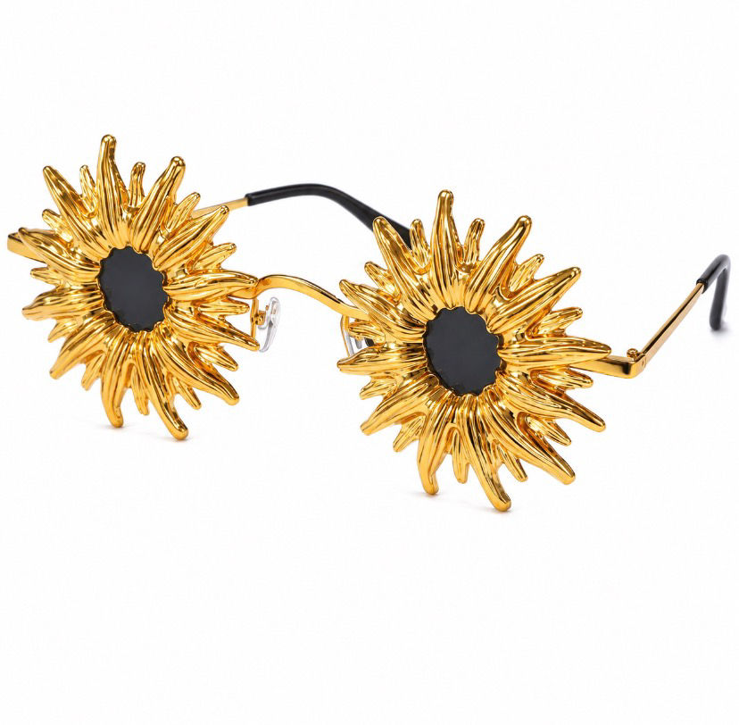 Sunflower Shaped Novelty Sunglasses for Women, Oversized Gold Metal Frame UV400