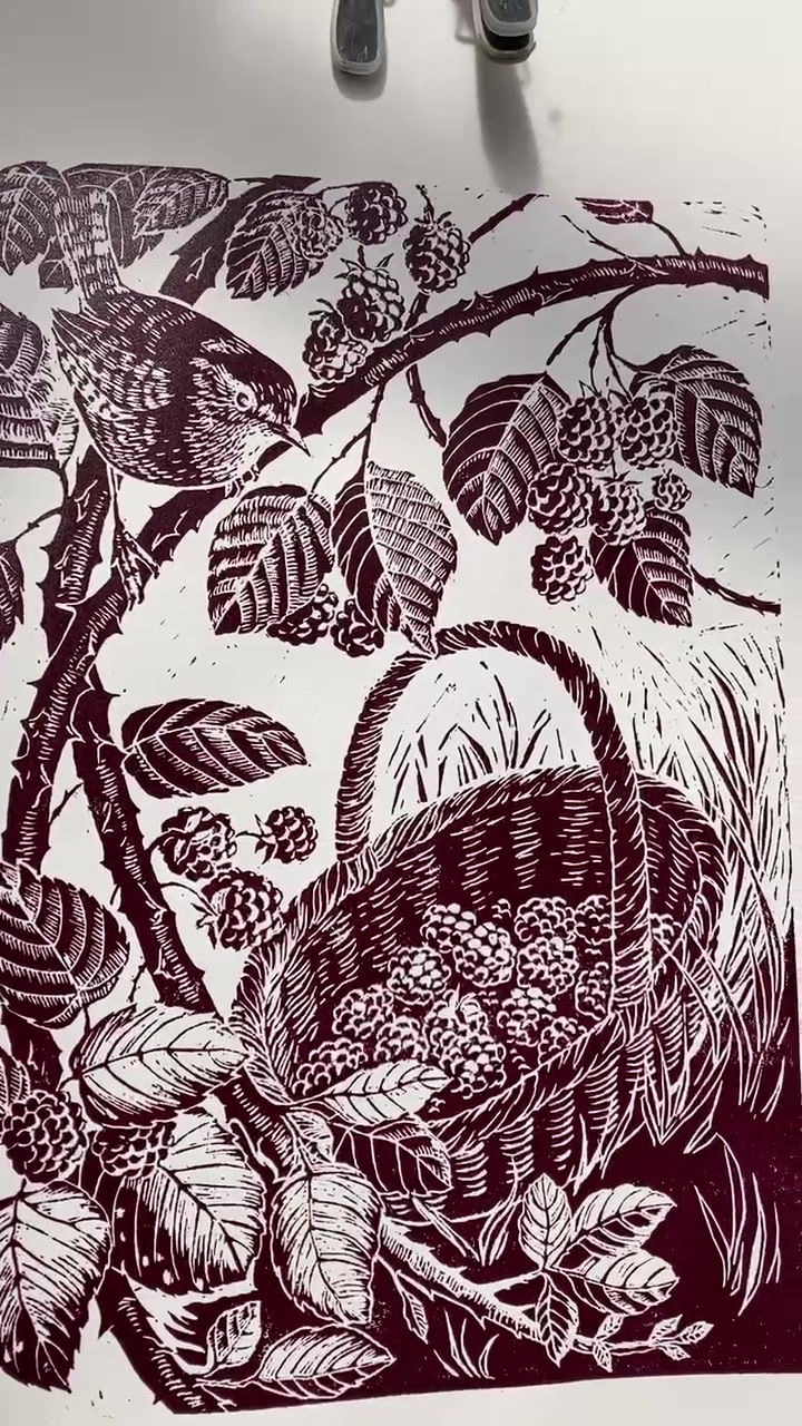 Thumbnail: Blackberry Thief Linocut print