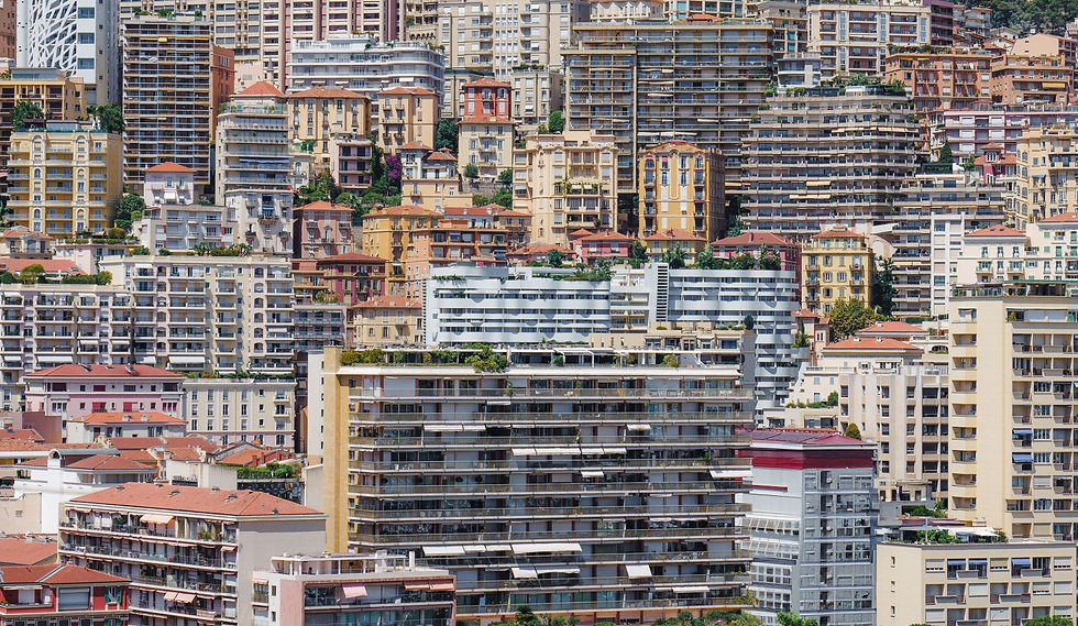 Residential buildings in Monte-Carlo, Monaco, with balconies and densely arranged façades.
