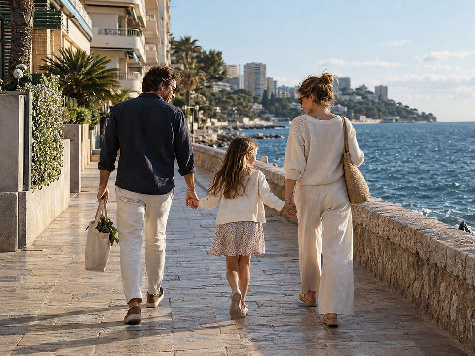 AI-generated editorial illustration: a family enjoying an ordinary walk along a Mediterranean waterfront.