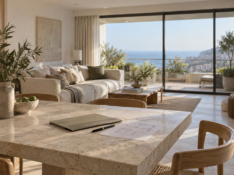 AI-generated editorial illustration: a Mediterranean apartment with a viewing folder and floor plan on a stone table.