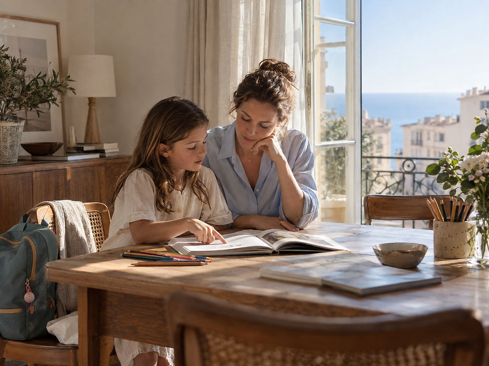 AI-generated editorial illustration: a mother and daughter reading together at home beside a sunlit window.