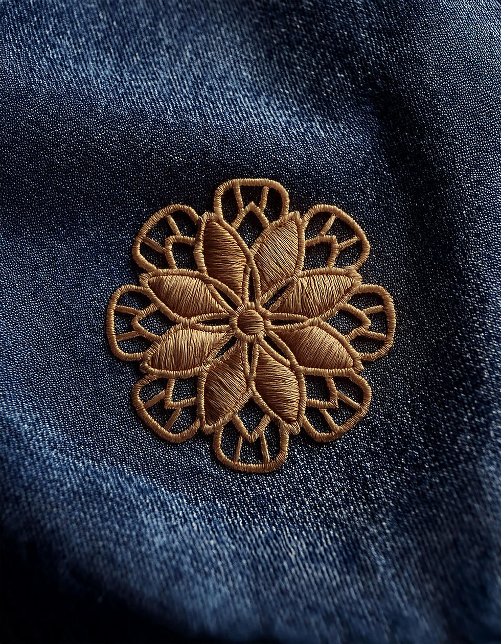 Firefly Hyperrealistic embroidery logo in soft brown color on dark blue fabric texture pla