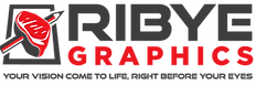 Logo of Ribeye Graphics featuring a stylized red eye in a square with a pencil, with the tagline 'Your vision come to life, r