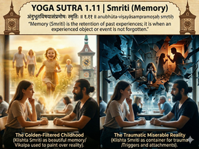 Ein geteiltes Bild von Yogveda Yoga Bern. Meister Khan sitzt mit einer Schülerin in einem Café. Links projiziert ihr Geist eine idealisierte, goldene Kindheitserinnerung. Rechts projiziert ihr Geist ein zersplittertes, dunkles Kindheitstrauma.