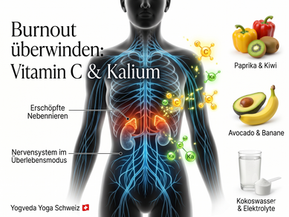 Anatomische Ansicht von erschöpften Nebennieren und einem gestressten Nervensystem, das durch Vitamin C und Kalium Lebensmittel gegen Burnout geheilt wird.