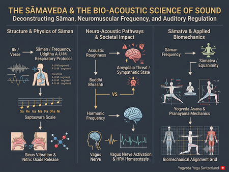 Academic teaching poster illustrating the structural architecture of the Samaveda, the physics of Saman, and bio-acoustic nervous system regulation.