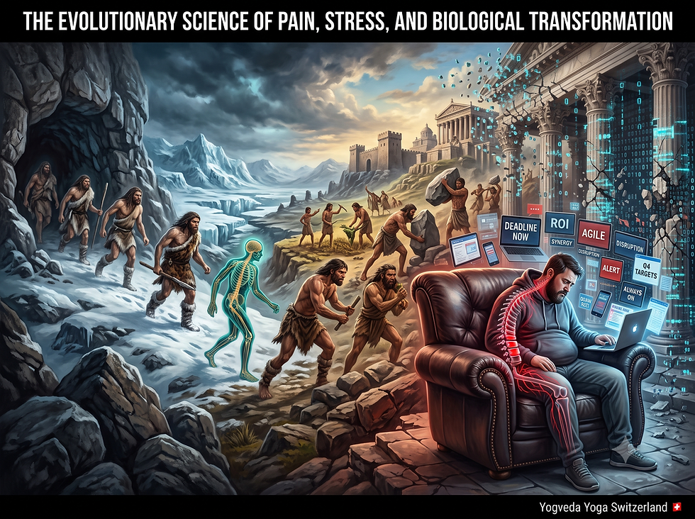 Photorealistic medical illustration showing human evolution from prehistoric stress in cold caves to biological collapse and spinal compression caused by modern comfort and artificial digital anxiety. Yogveda Yoga Switzerland