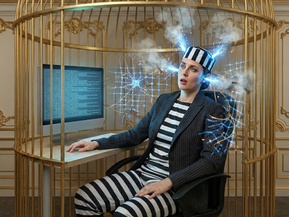 A woman wearing a business suit over prison stripes and a prisoner cap, sitting inside a golden birdcage office. Sparks are flying from her head, symbolizing a mental short-circuit caused by routine.