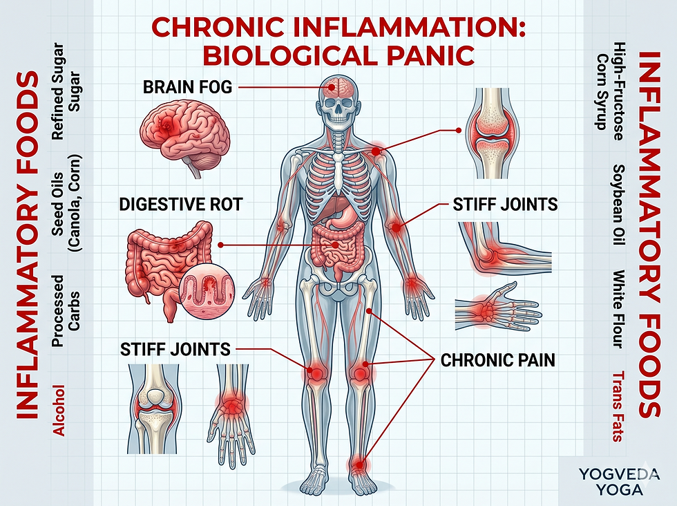 Scientific-anatomical blueprint in blue and white showing chronic inflammation and toxic foods, Yogveda Yoga Switzerland.