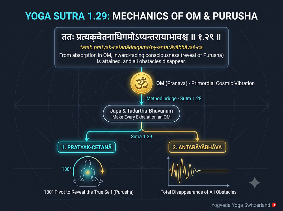 Scientific dark-mode educational infographic diagram for Yoga Sutra 1.29 displaying Devanagari Sanskrit text, the OM symbol, 180-degree inward pivot to Purusha, and flattened wave graphs.
