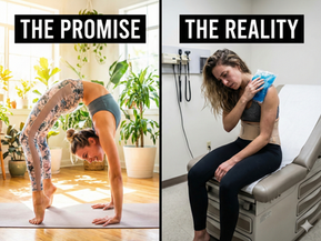 Konzeptuelles Röntgenbild einer Person in einer Yoga-Pose (Chaturanga), das rot leuchtende, entzündete Bereiche in der Schulter und im unteren Rücken zeigt, um die versteckten Gelenkschäden durch Yoga zu demonstrieren.