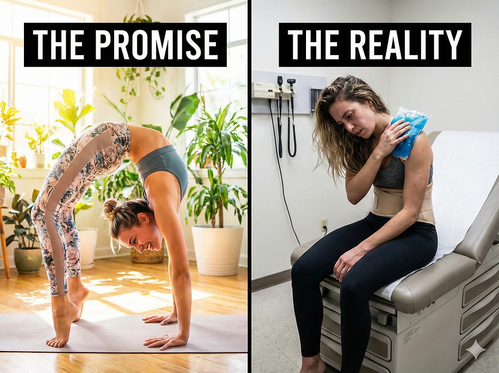 Konzeptuelles Röntgenbild einer Person in einer Yoga-Pose (Chaturanga), das rot leuchtende, entzündete Bereiche in der Schulter und im unteren Rücken zeigt, um die versteckten Gelenkschäden durch Yoga zu demonstrieren.