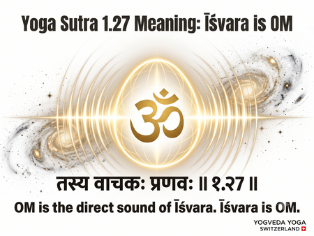 A premium, minimalist layout on a clean white background: A sharp, glowing golden cosmic egg (Garbhāṇḍa) containing a bold, prominent Sanskrit OM symbol (ॐ) radiating clean, concentric wave ripples, with the Sanskrit text of Yoga Sutra 1.27 cleanly aligned below.