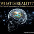 A translucent human skull with its brain projecting a glowing 3D hologram reality (Maya) surrounded by dark empty quantum space and electromagnetic fields.
