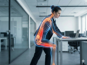 A double-exposure image: A woman in a business suit stands at a desk, but her internal skeleton and muscular system glow orange, showing that the muscles are still shortened in the seated 90-degree position.