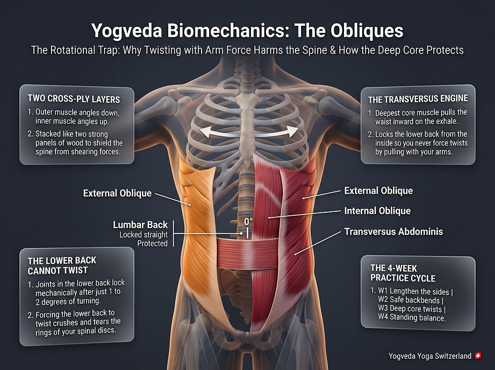 Medical 3D infographic illustrating Oblique Biomechanics, cross-ply architecture of the oblique muscles, transversus engine, and anti-rotation stability.