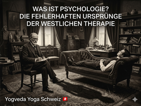 Eine historische, akademische Fotografie im 4:3 Format eines Psychoanalyseraums aus dem späten 19. Jahrhundert. Ein bärtiger Mann sitzt auf einem Stuhl, während ein Patient flach auf einer Couch liegt. Am oberen Bildrand steht der Text „Was ist Psychologie? Die fehlerhaften Ursprünge der westlichen Therapie“. Unten links befindet sich das Branding Yogveda Yoga Schweiz mit einer kleinen Schweizer Flagge daneben.