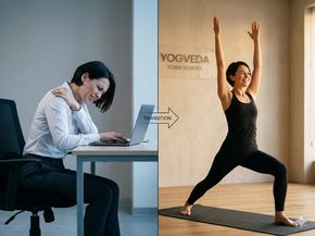 Yogveda Yoga Schule Bern Vorher-Nachher Vergleich: Eine gestresste Frau mit Schulterschmerzen am Schreibtisch (links) transformiert sich durch eine Transition in eine aufrechte, schmerzfreie Krieger-Pose bei Yogveda Yoga (rechts).