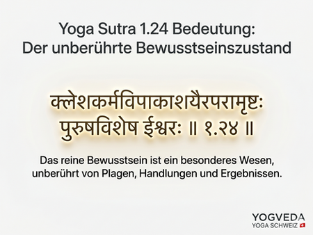 A minimalist typographic rendering of the Sanskrit text of Yoga Sutra 1.24 in Devanagari script on a pure white background, illuminated by a clean, subtle internal golden glow to signify an unpolluted state of consciousness.