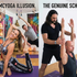 Split image. Left: A smiling instructor poses for the camera in a highly decorated "McYoga" studio while a student suffers in the background. Right: A serious Master in a minimalist clinic corrects a student's posture with anatomical precision.
