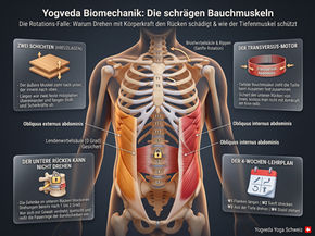 Medizinische 3D-Infografik zu Obliquus Biomechanik, Kreuzlagen-Prinzip der schrägen Bauchmuskeln, Transversus-Motor und Anti-Rotation.