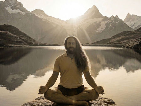 Master Shahid Khan observing in the sun in front of Swiss mountains for the cover of Yogveda Journal Switzerland Vol. 13: Breath is Life. Pranayama, Kapalbhati, Anuloma Pratiloma, Yoga Sutra 1.12.