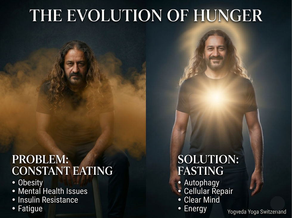 Visual comparison: The problem of constant eating versus the solution of fasting for cellular repair.