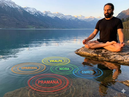 Meister Shahid Khan am Alpensee mit fünf verschiedenen, farbigen Wellen auf dem Wasser, beschriftet mit Pramana, Viparyaya, Vikalpa, Nidra und Smriti, was Sutra 1.6 bei Yogveda Bern illustriert.