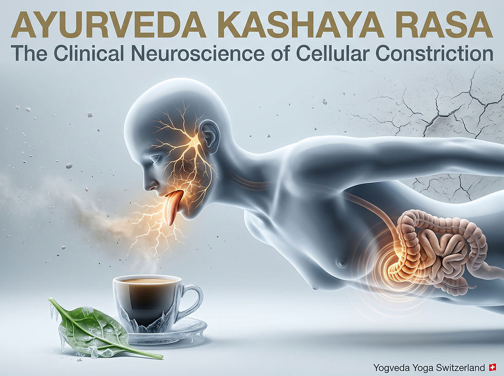 A clinical medical 3D rendering of the trigeminal nerve on the tongue reacting to cellular constriction from tannins, coupled with the Ayurvedic Vata connection dehydrating the large intestine (Kashaya Rasa).