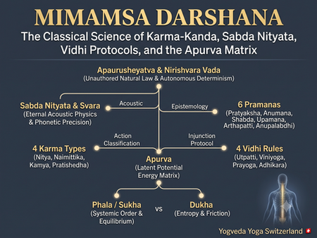 Infographic diagram mapping Purva Mimamsa Darshana based on Sage Jaimini's Mimamsa Sutras within the Yogveda Yoga system.